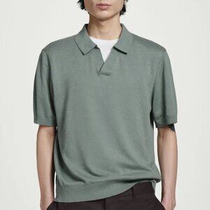 COS Knitted Linen Polo Shirt Green XL Relaxed Fit Gold Casual
